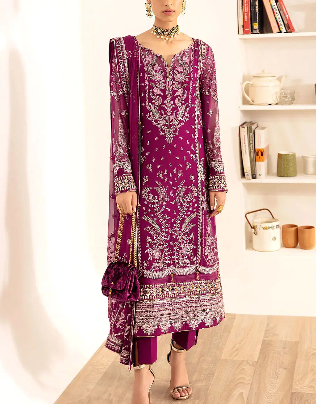 Premium Quality Heavy Embroidered Magenta Chiffon Party Wear Dress