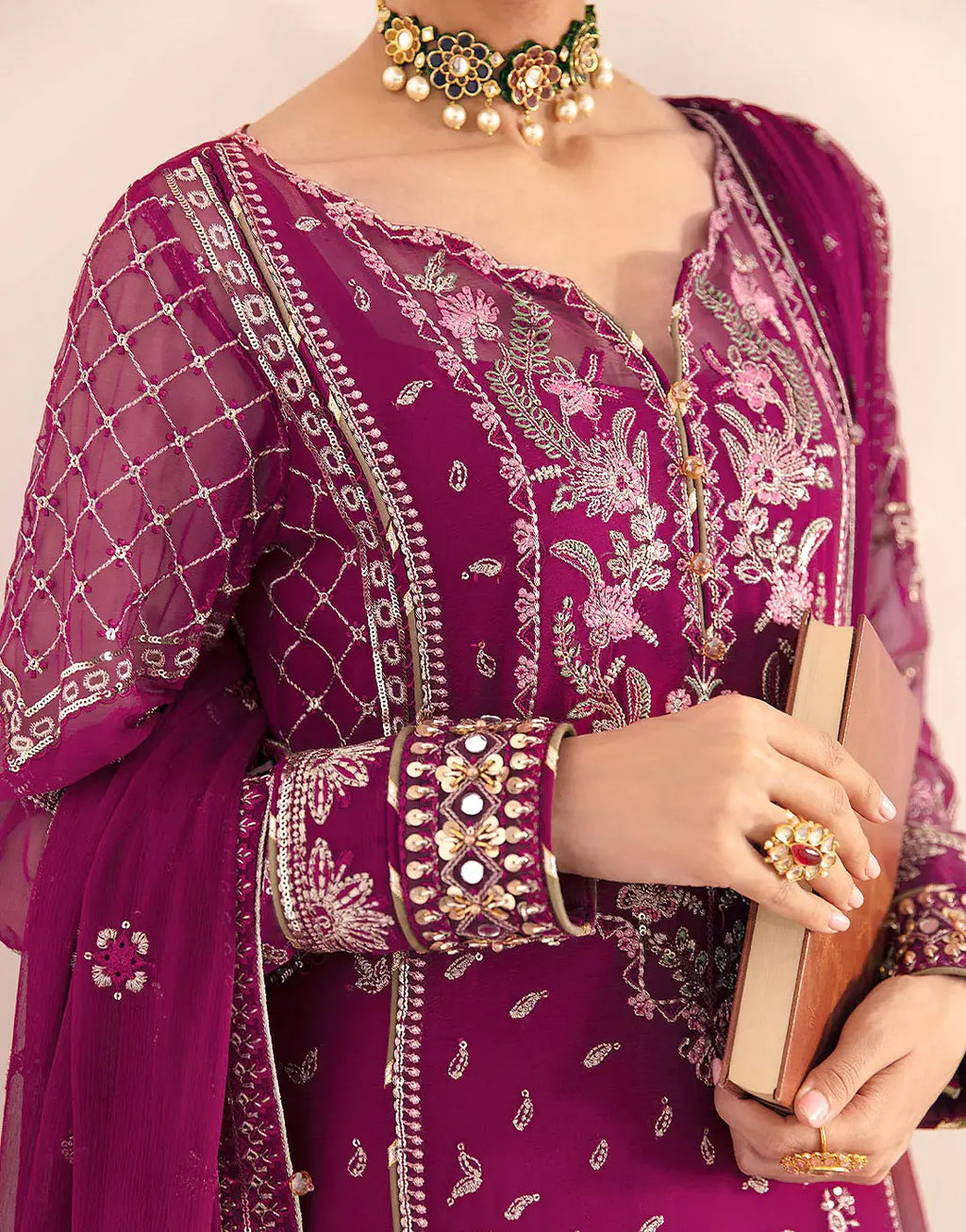 Premium Quality Heavy Embroidered Magenta Chiffon Party Wear Dress
