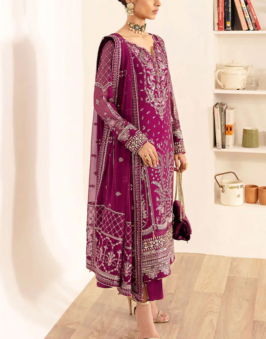 Premium Quality Heavy Embroidered Magenta Chiffon Party Wear Dress