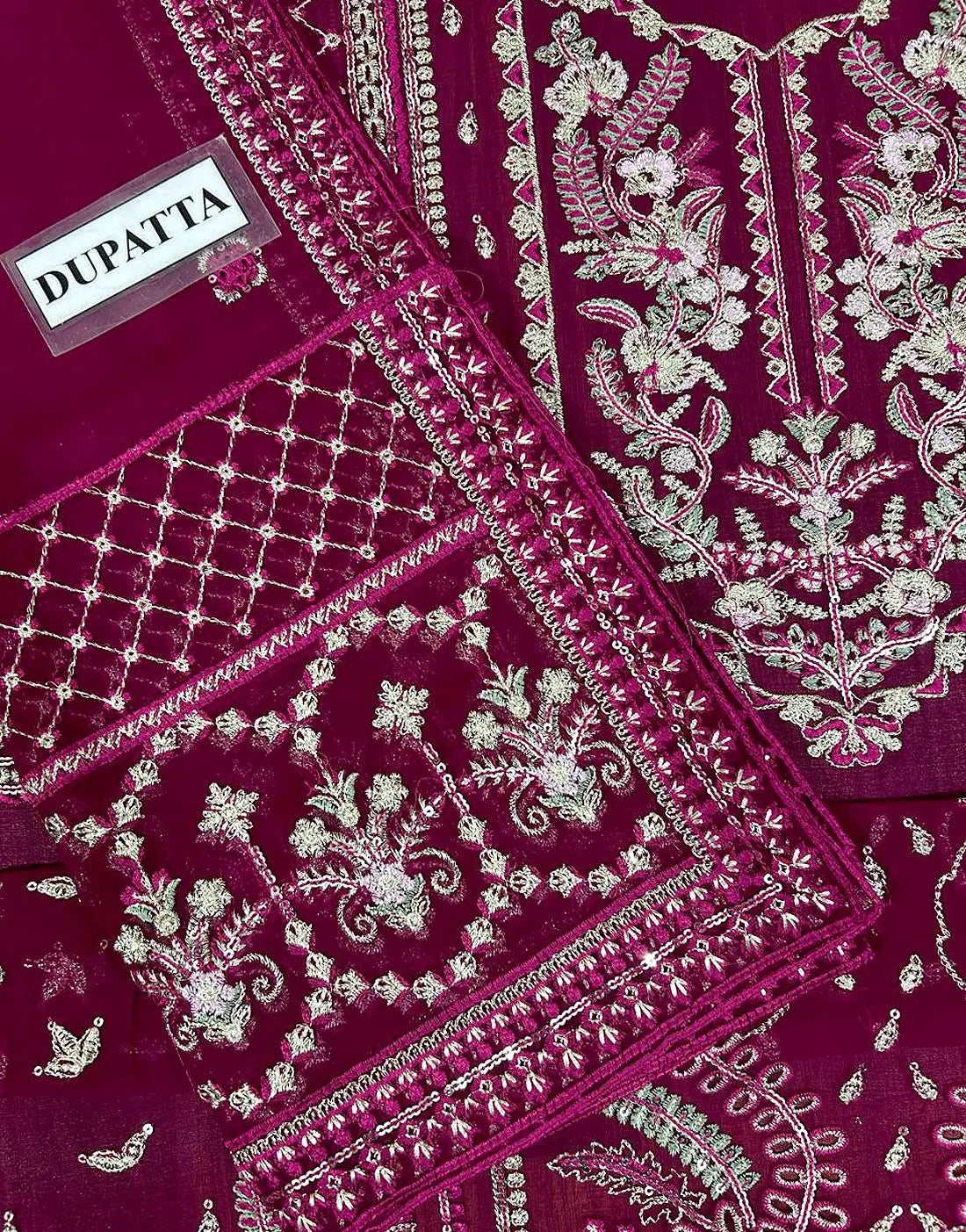 Premium Quality Heavy Embroidered Magenta Chiffon Party Wear Dress