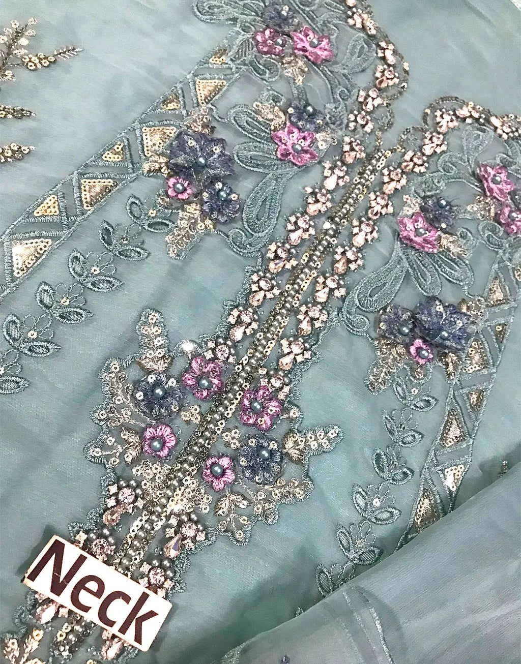 Luxurious Heavy Embroidered Dusty Blue Chiffon Wedding Dress 2026 with Handcrafted Detailing