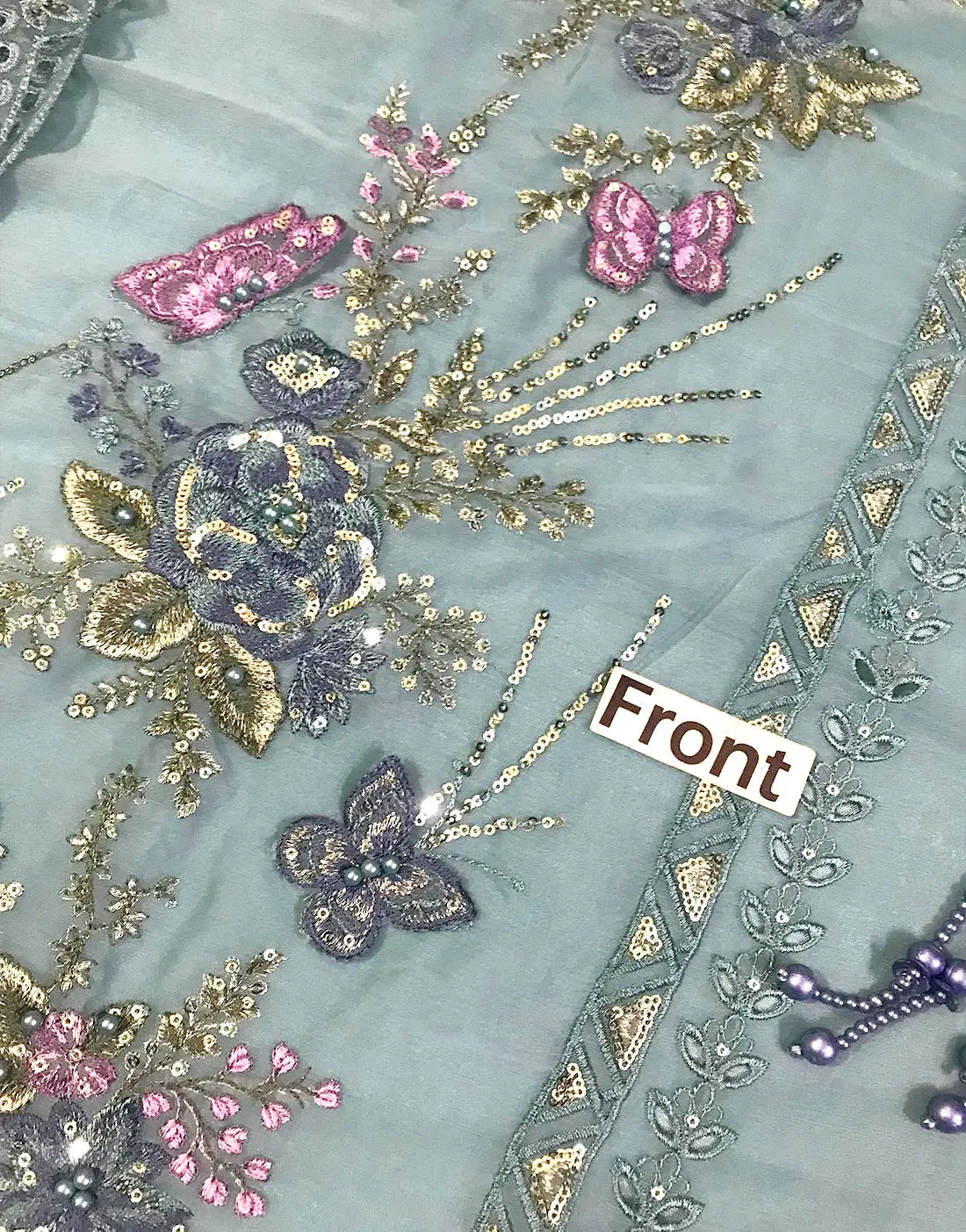 Luxurious Heavy Embroidered Dusty Blue Chiffon Wedding Dress 2026 with Handcrafted Detailing