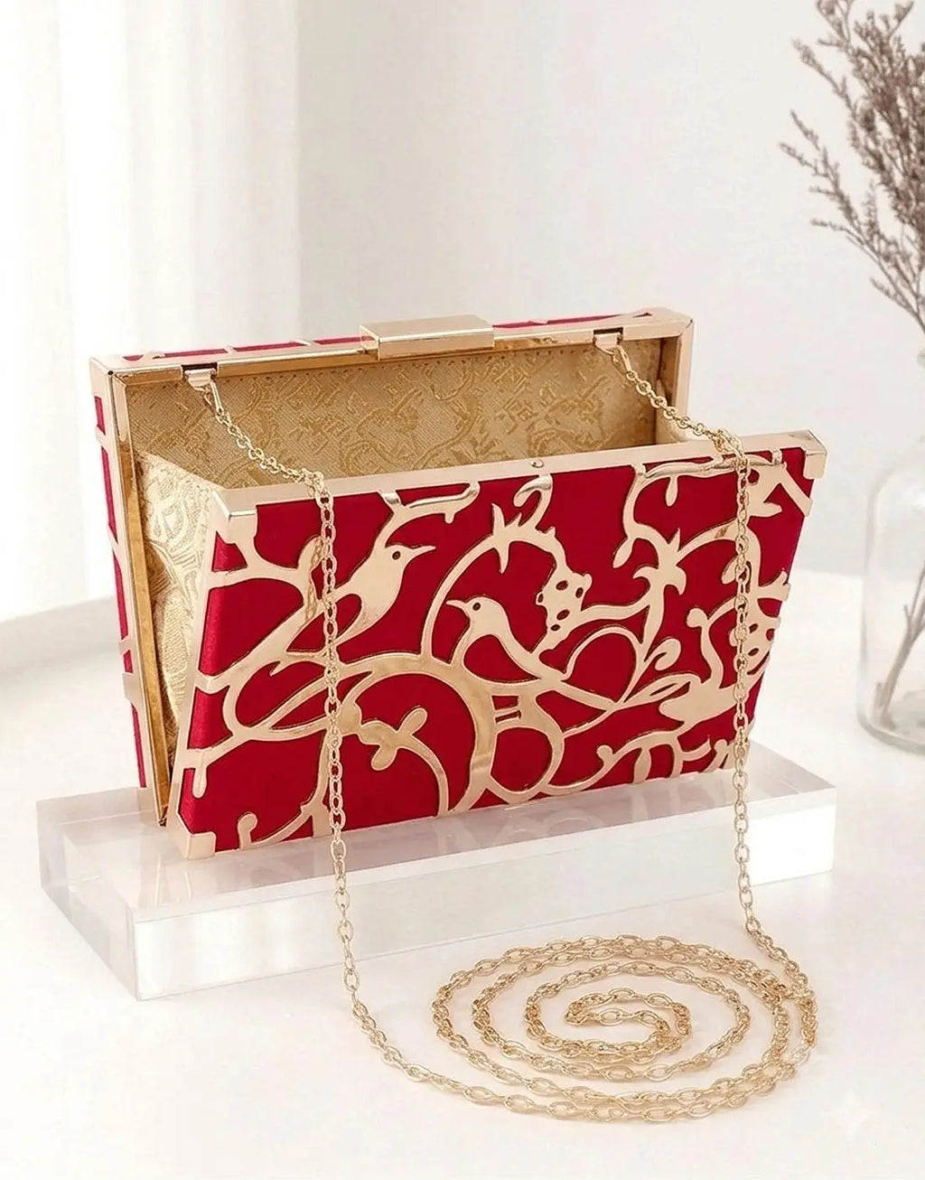 Rectangular Velvet Evening Clutch Bag with Laser Cut Gold Filigree Birds