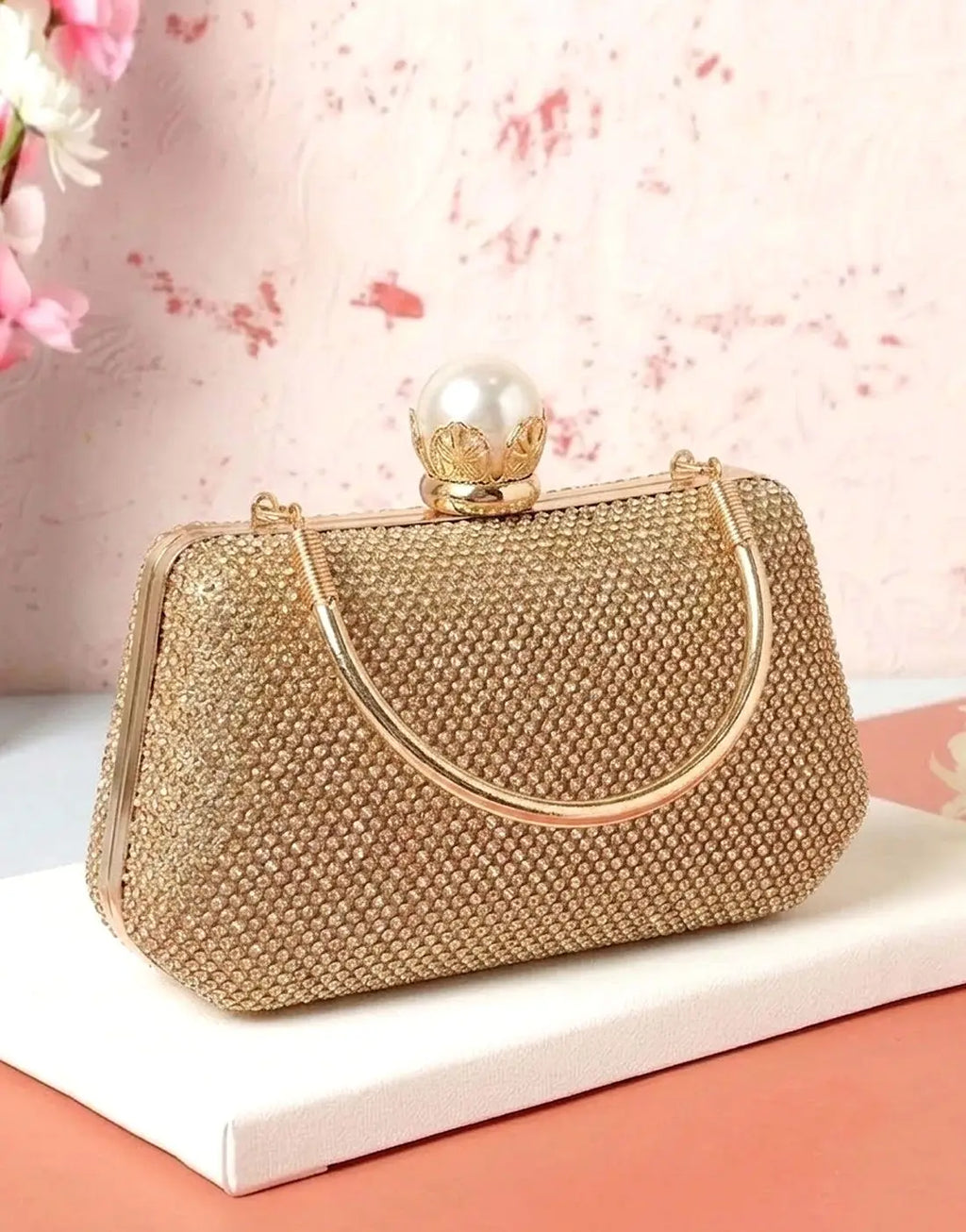 Faux Pearl Clasp Sparkly Rhinestone Evening Clutch Bag